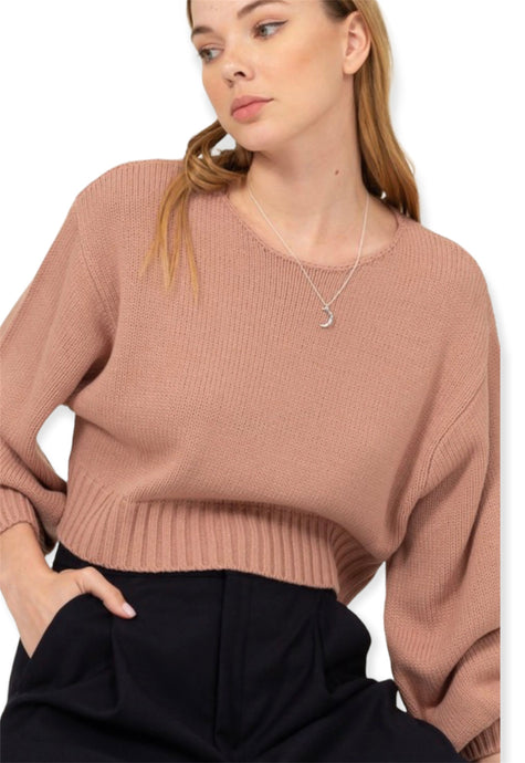 All To Myself Long Puff- Sleeve Cropped Sweater-  Mauve