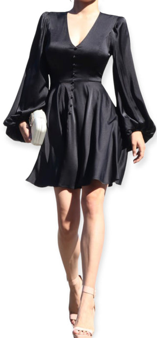 V Neck Satin Mini Dress With Button Detail