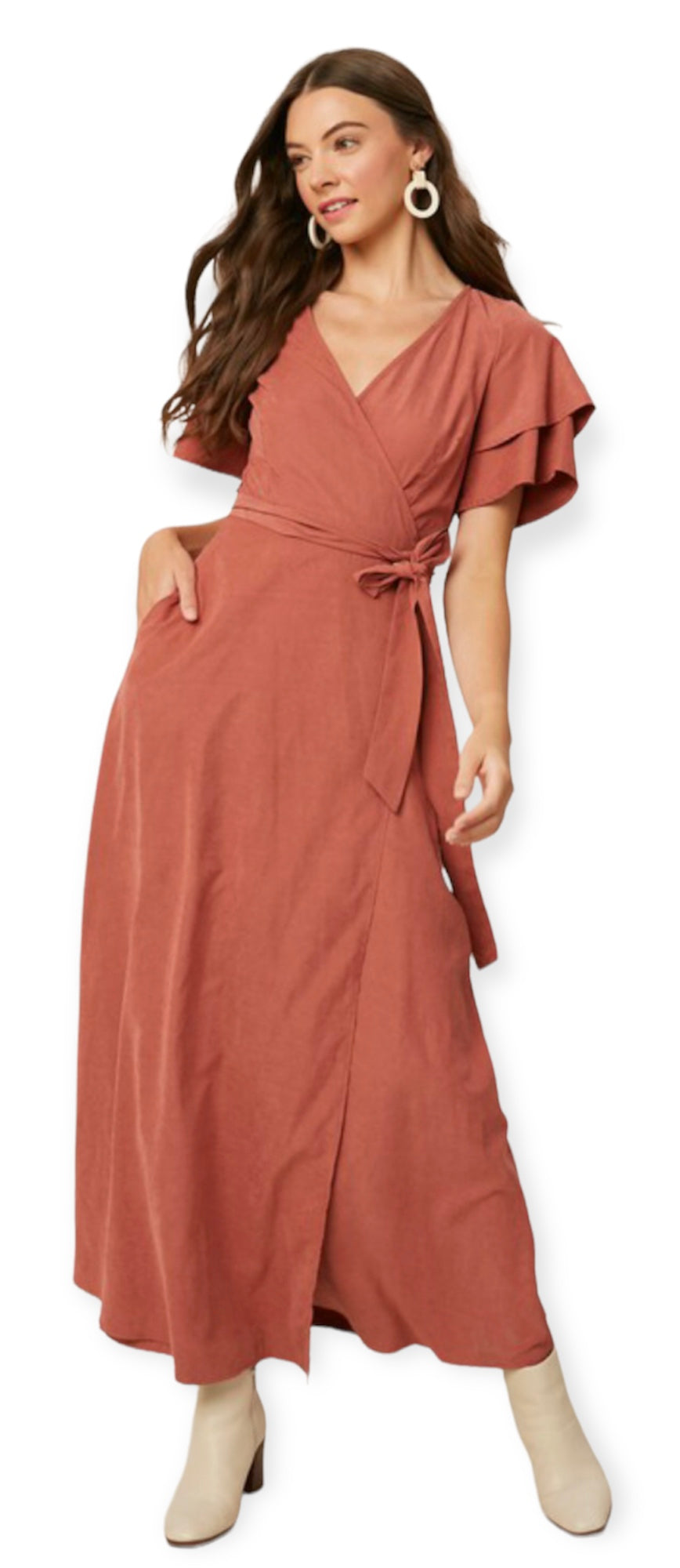   Double Layer Sleeve Wrap Maxi Dress  